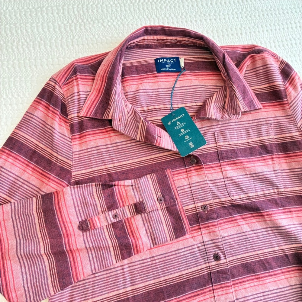United by Blue Button Up Flannel Shirt Organic Cotton Hemp Striped Red Women L